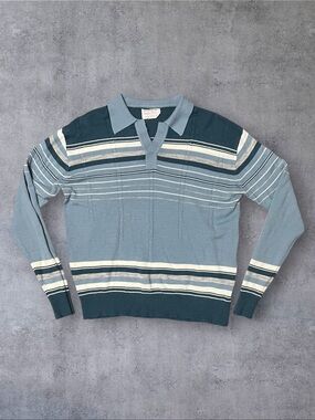 Vintage 70s Blue Stripe Knit Sz XL (Fits M/L) Mister Man Shirt